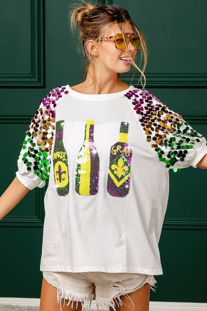 Sequin Mardi Gras Bottles Spangled Sleeve Top -