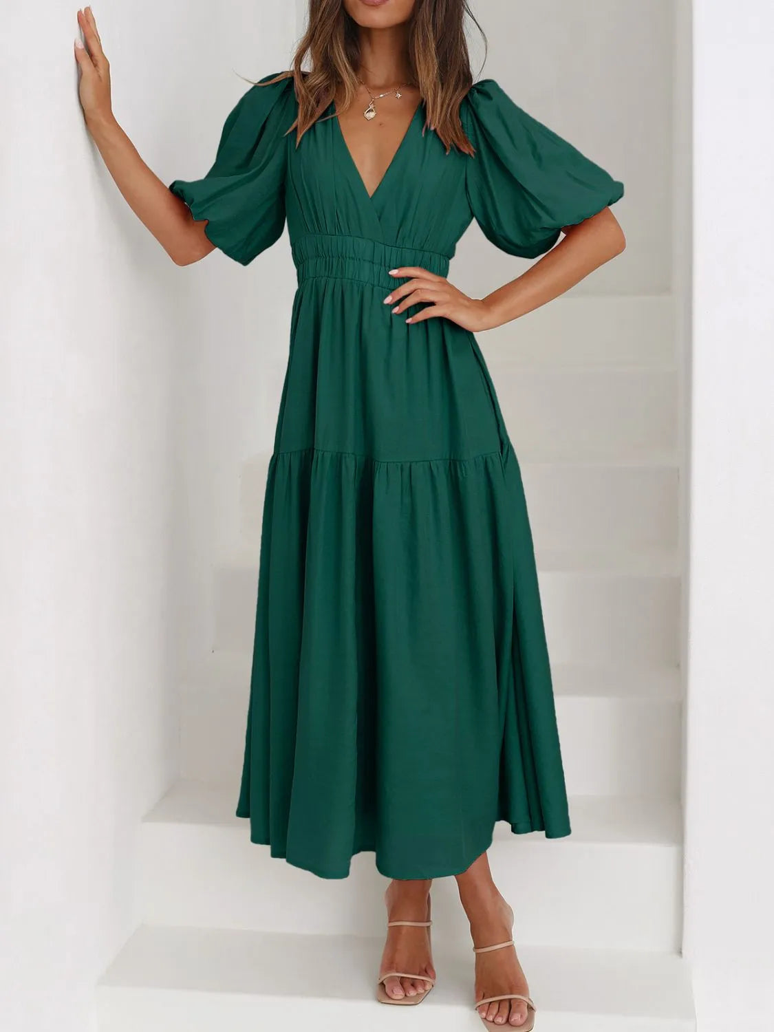 V-Neck Puff Sleeve Midi Dress - Dark Green