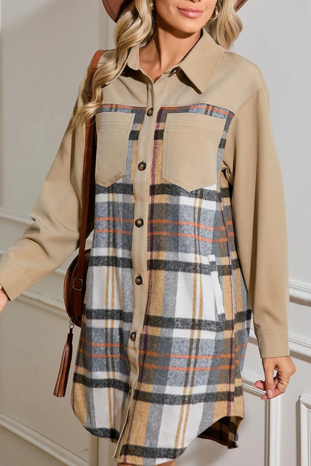 Pocketed Plaid Long Sleeve Mini Shirt Dress -