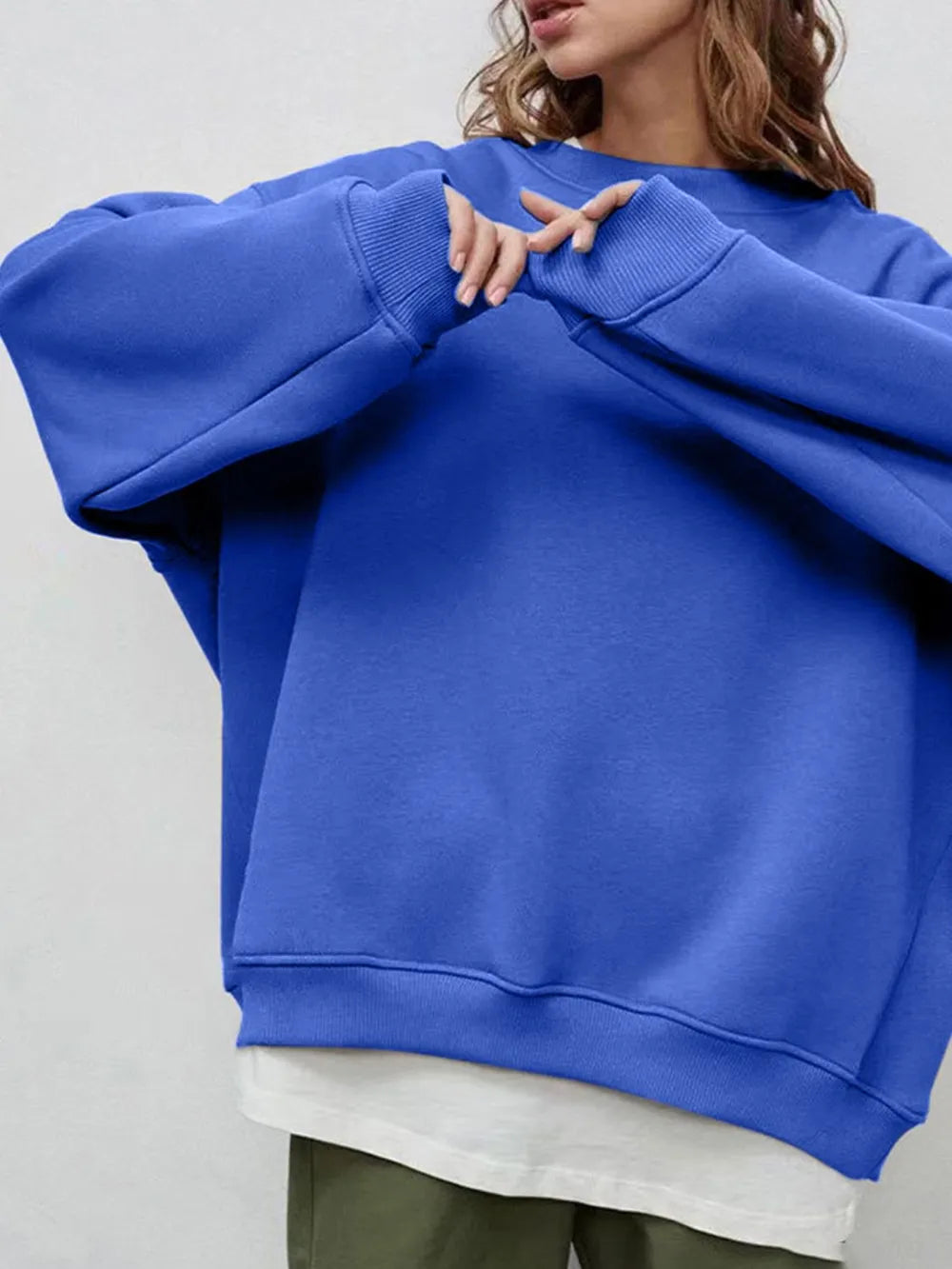 Round Neck Dropped Shoulder Long Sleeve Sweatshirt - Royal Blue