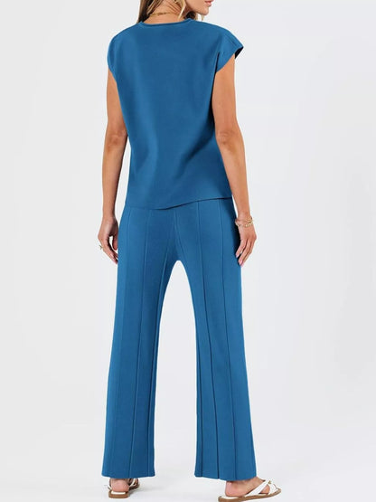 Casual Cap Sleeve Top and Pants Knit Set -