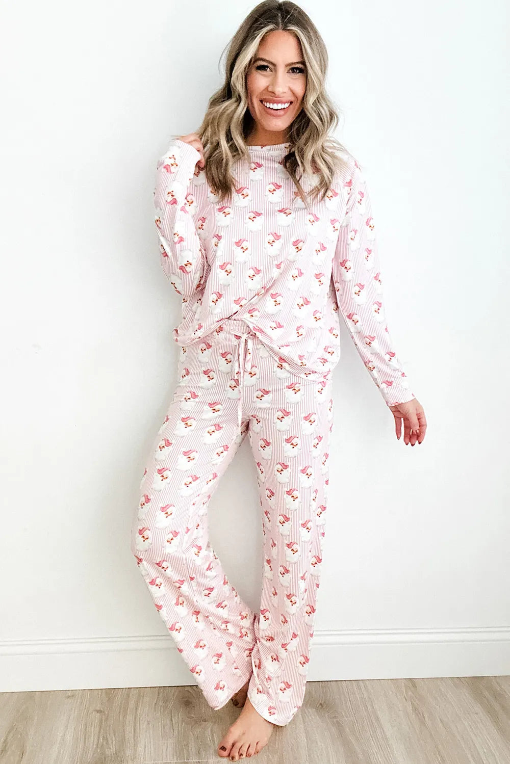 Santa Print Long Sleeve Top and Pants Lounge Set -