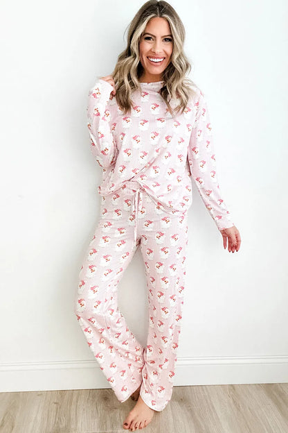 Santa Print Long Sleeve Top and Pants Lounge Set -