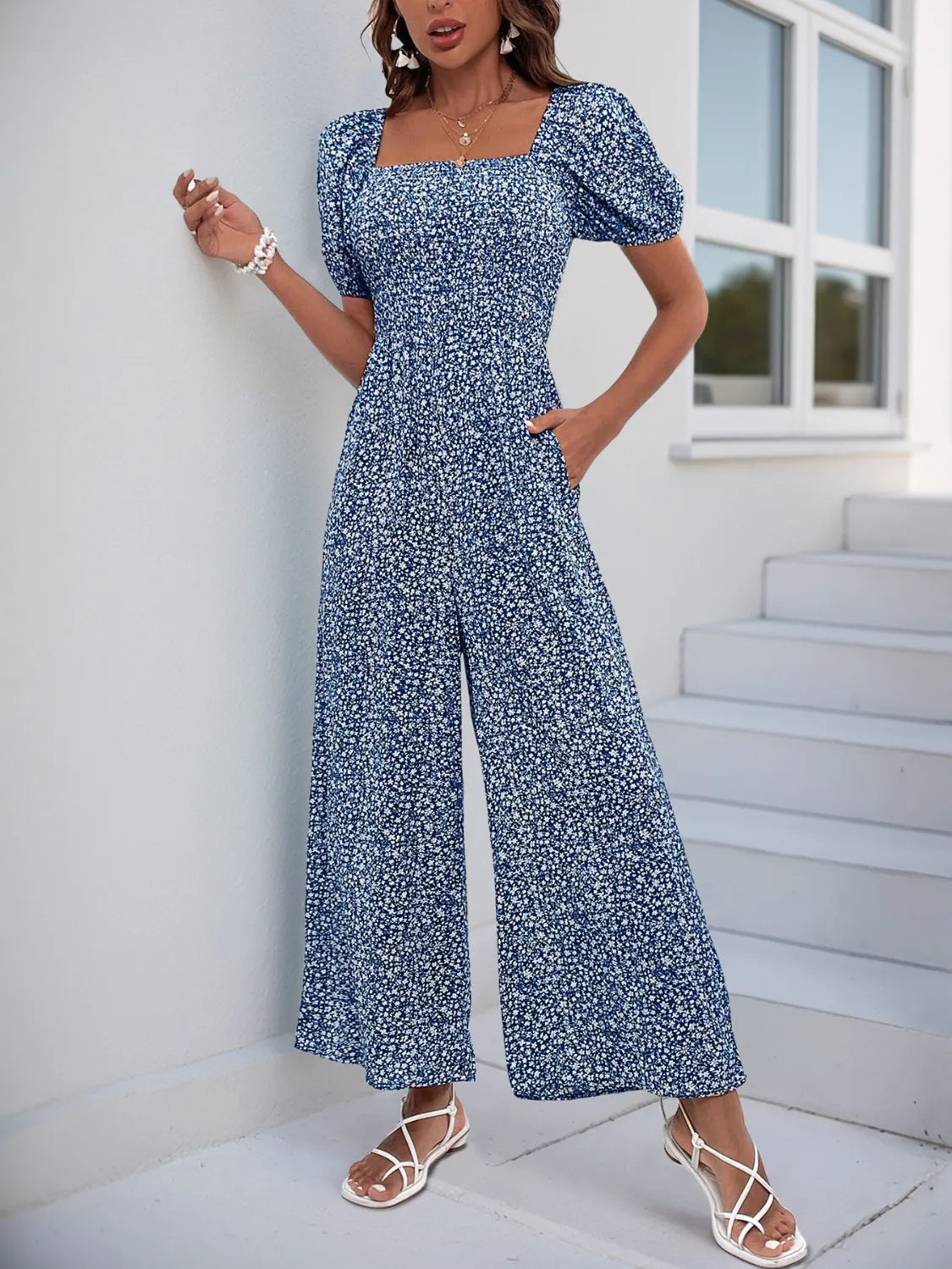Printed Square Neck Puff Sleeve Jumpsuit - Royal Blue