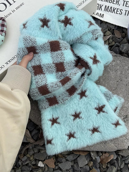 Star Plaid Plush Scarf - Mint Blue One Size