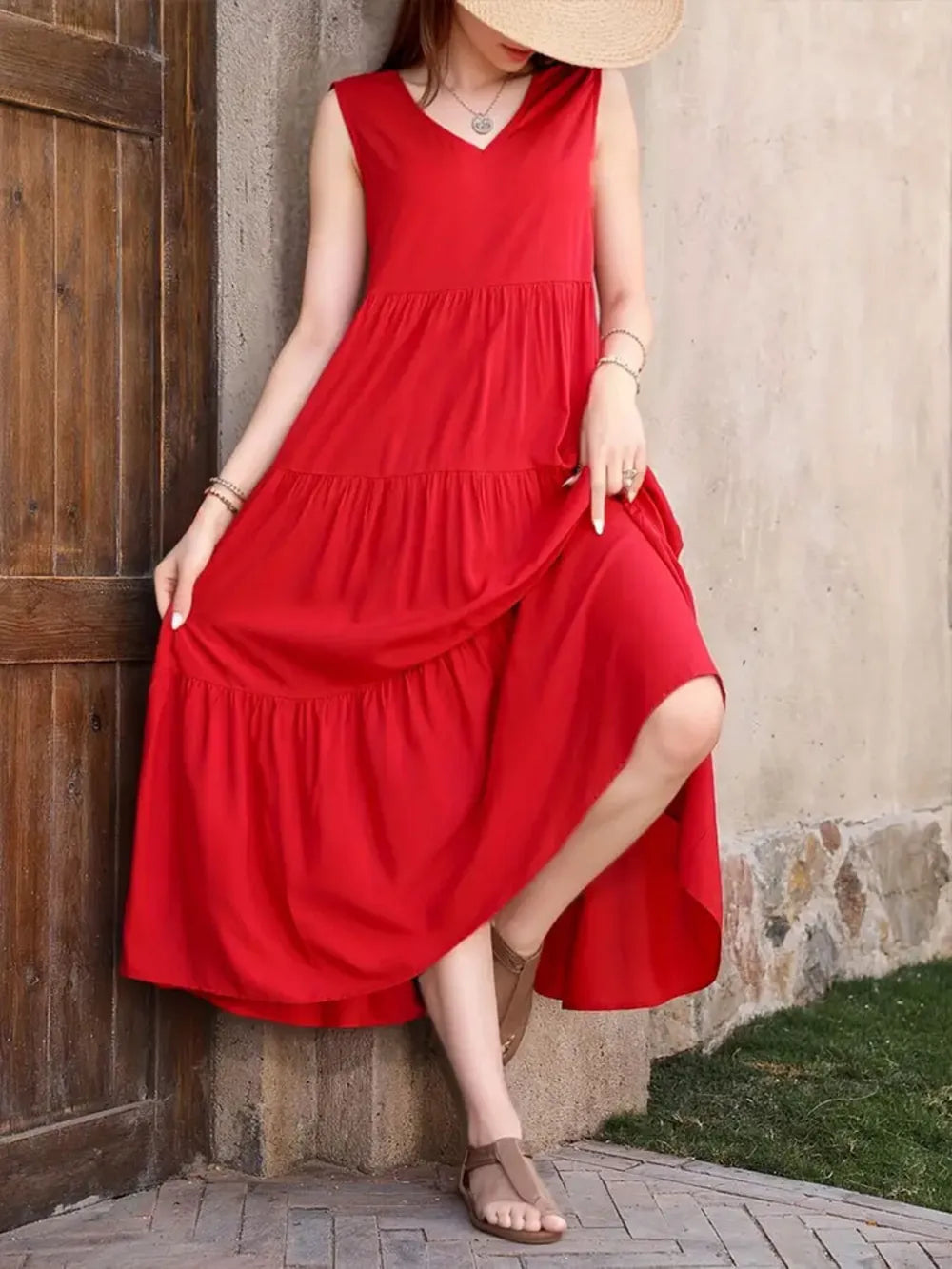 Tiered V-Neck Sleeveless Dress -