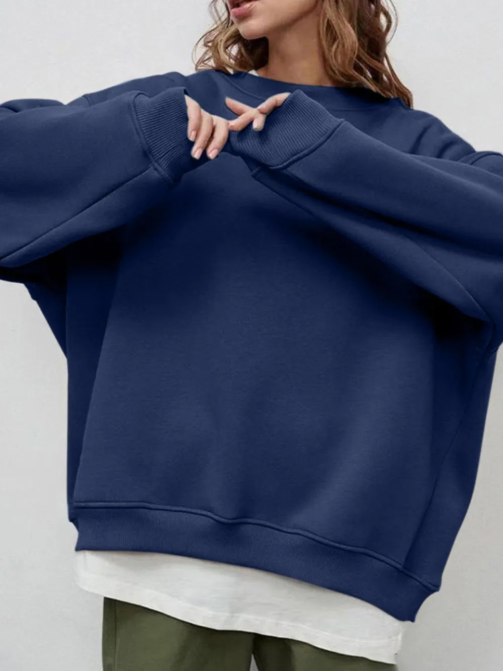 Round Neck Dropped Shoulder Long Sleeve Sweatshirt -