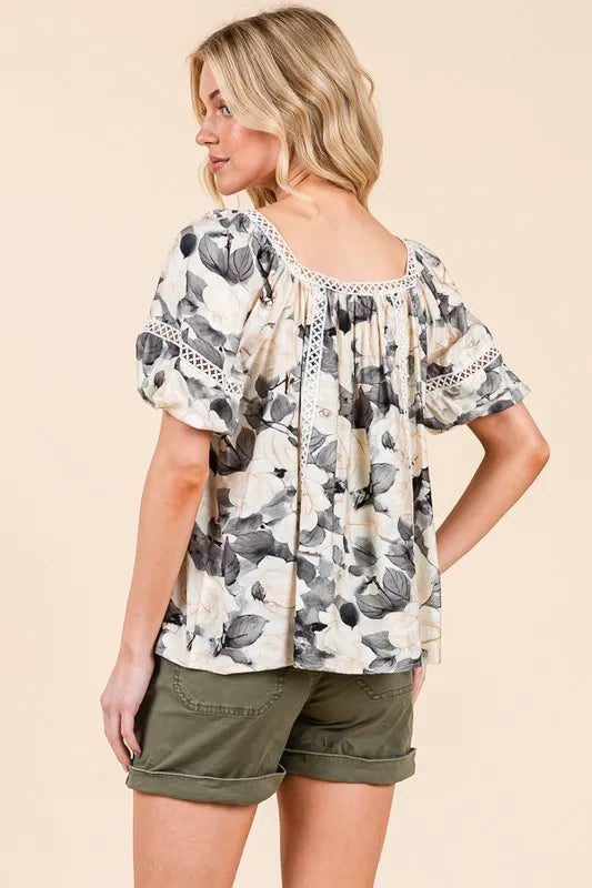 Floral Print Lace Trim Puff Sleeve Blouse -