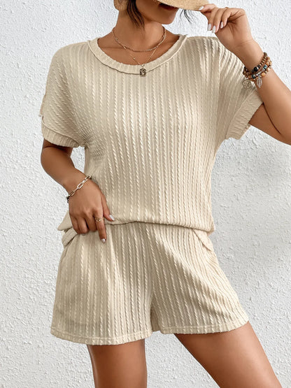 Texture Round Neck Top and Shorts Lounge Set -