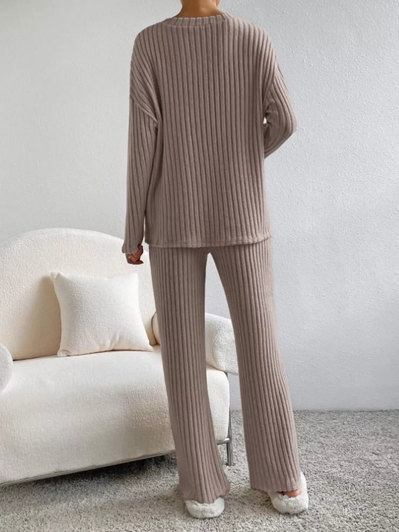 Ribbed Knit V-Neck Top and Pants Set -