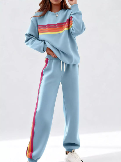 Striped Round Neck Sweatshirt and Pants Set - Blue