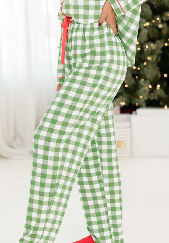 Plaid Collared Neck Long Sleeve Top and Pants Set -