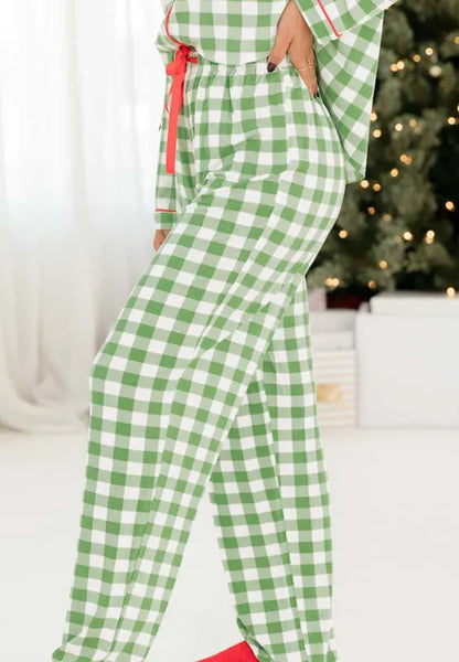 Plaid Collared Neck Long Sleeve Top and Pants Set -
