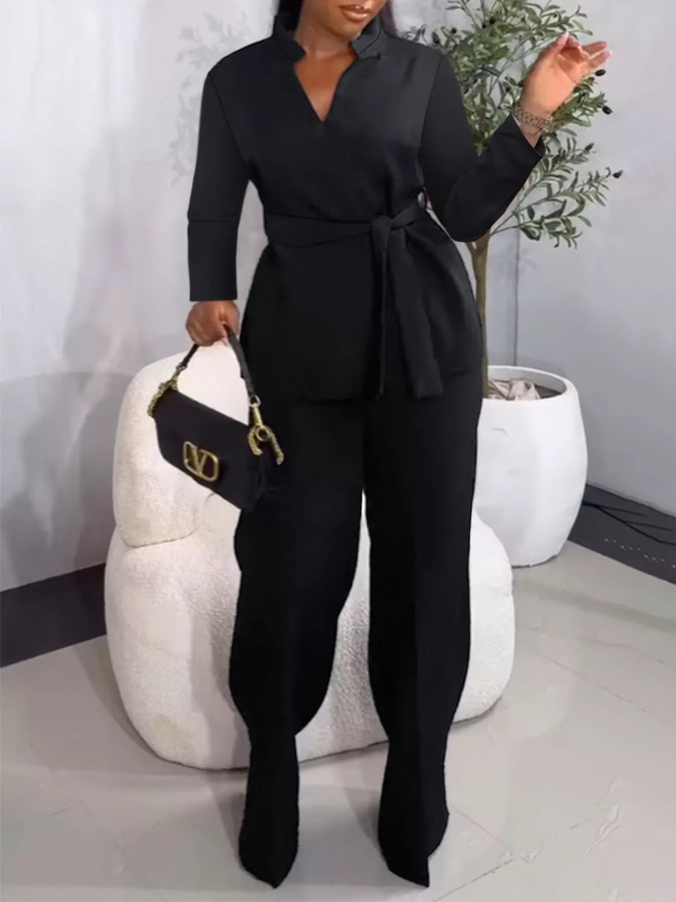 Tie-Waist Long Sleeve Top and Pants Set -
