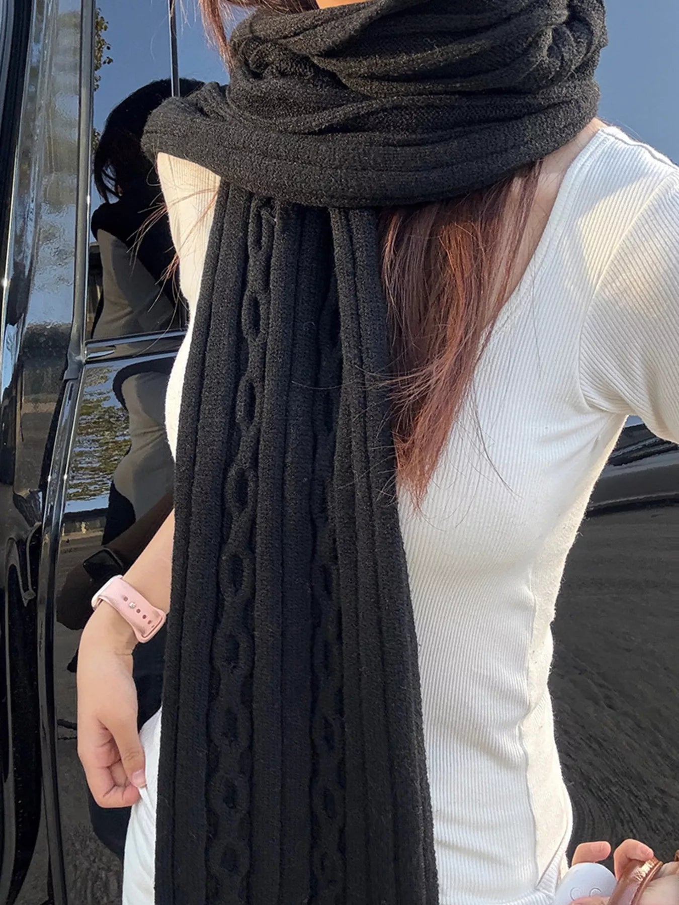 Textured Knit Winter Scarf - Black One Size