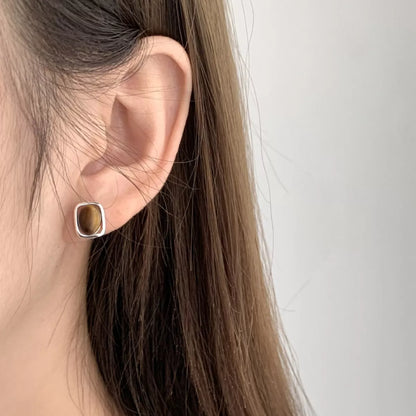Square Tiger Eye Stud Earrings -