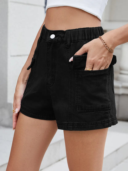 High Waist Cargo Denim Shorts - Black