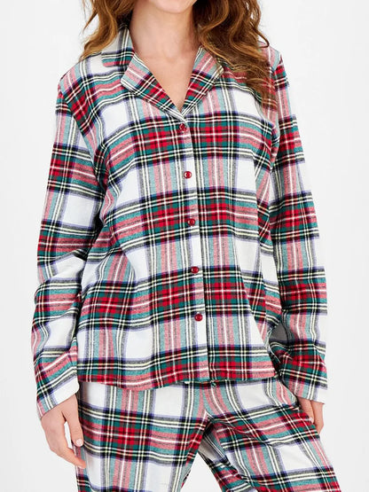 Plaid Collared Neck Button Up Top and Pants Lounge Set -