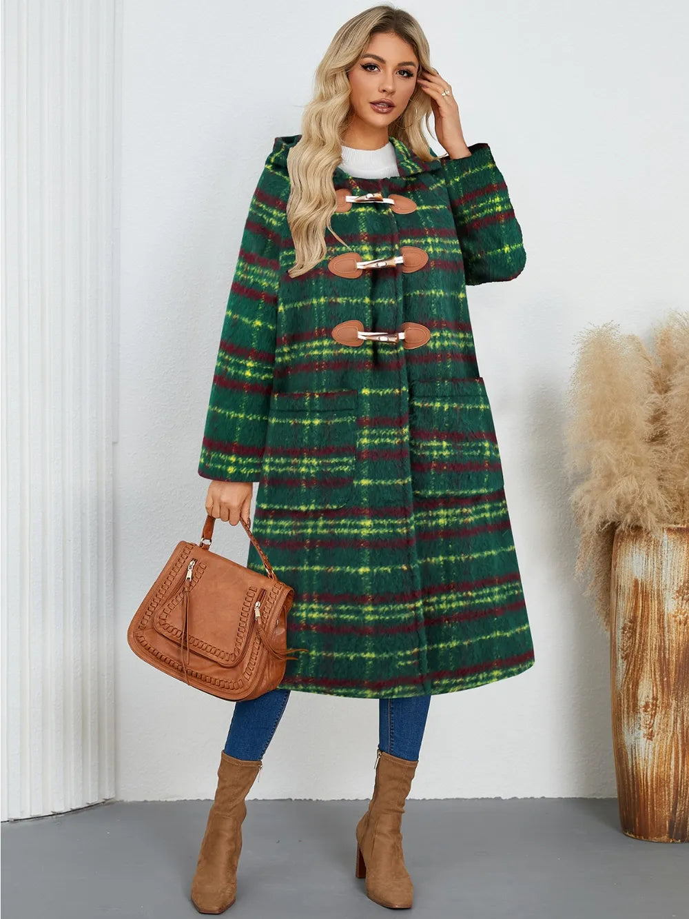 Plaid Long Sleeve Hooded Coat - Dark Green