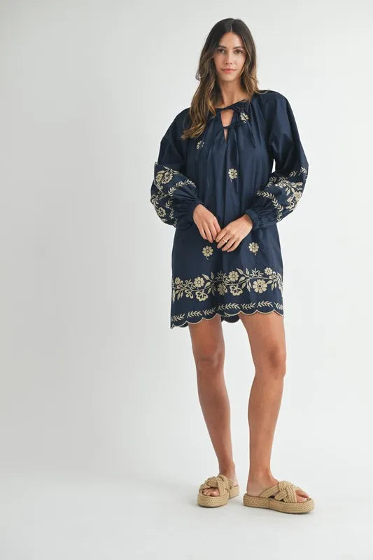 Embroidered Long Sleeve Peasant Mini Dress -