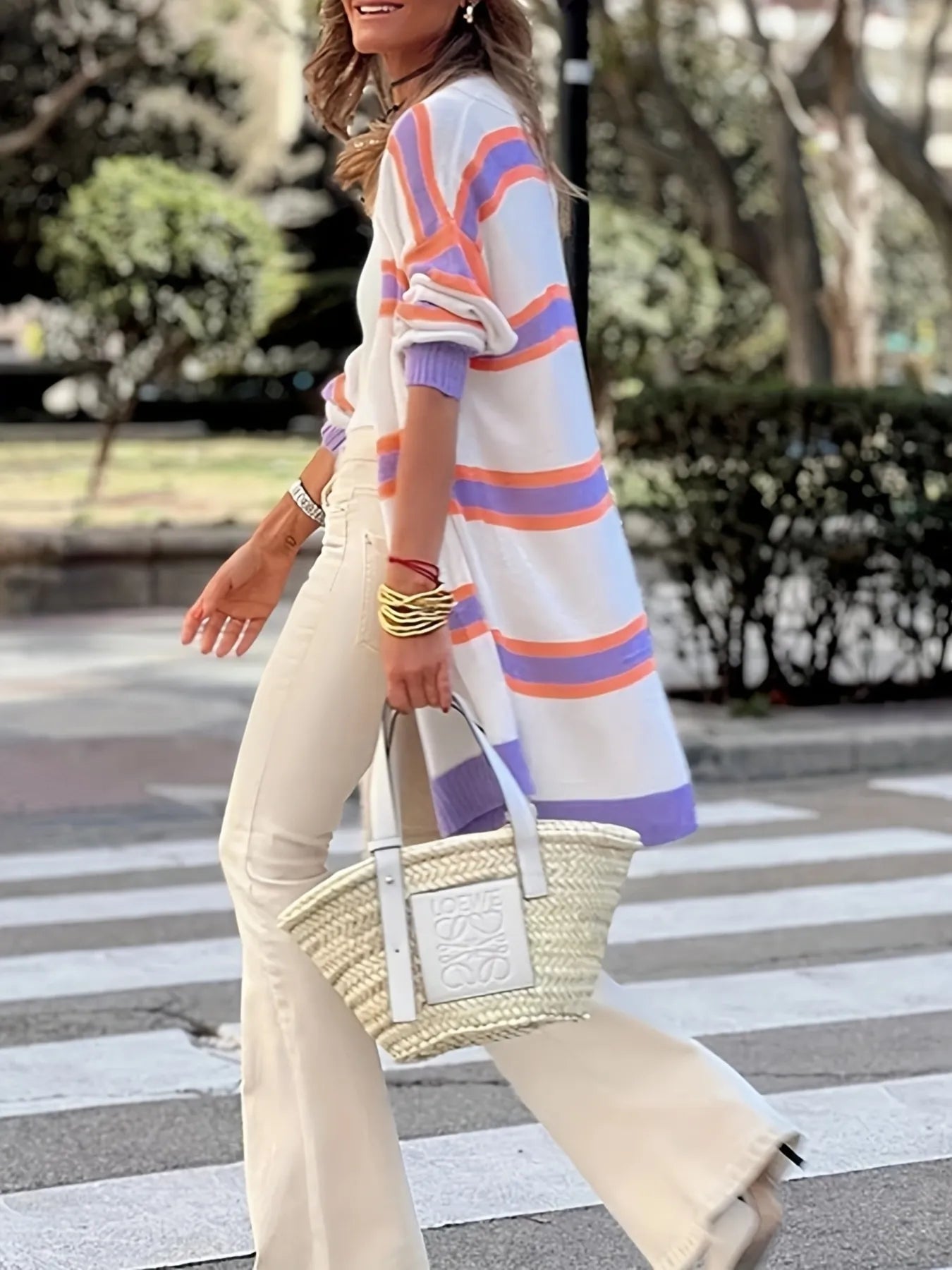 Striped Open Front Longline Cardigan - Lavender