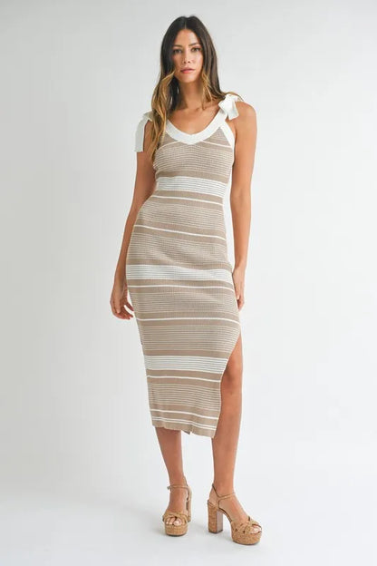 Striped Rib Knit Midi Dress - Light Taupe