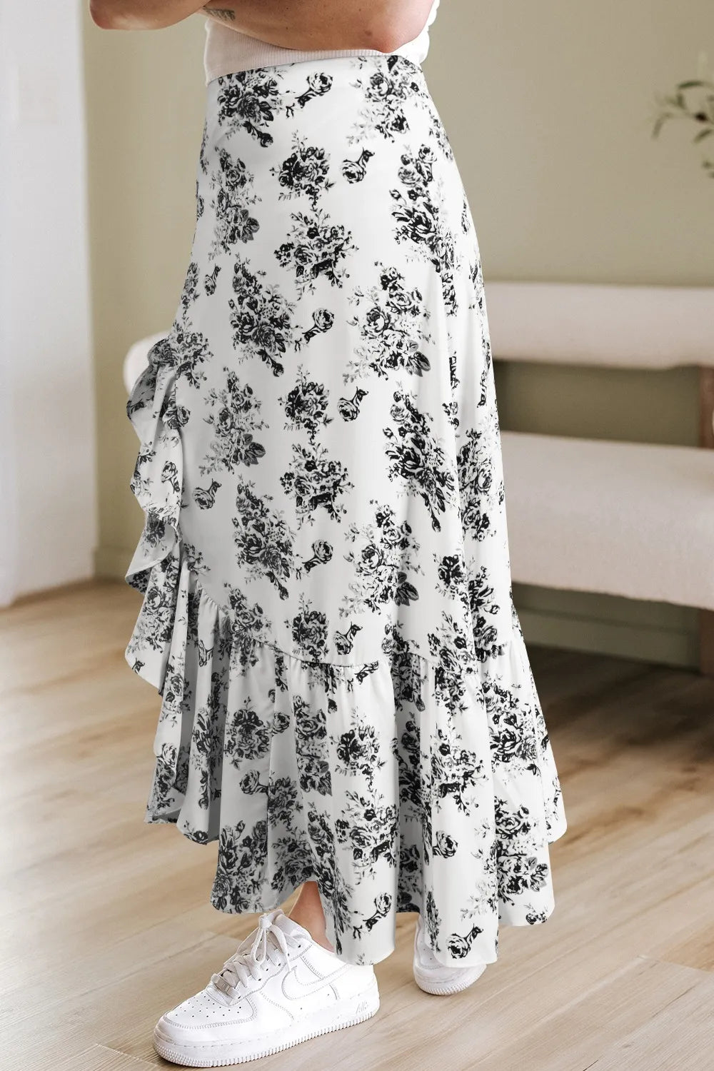 Boho Floral High Waist Ruffle Split Maxi Skirt -