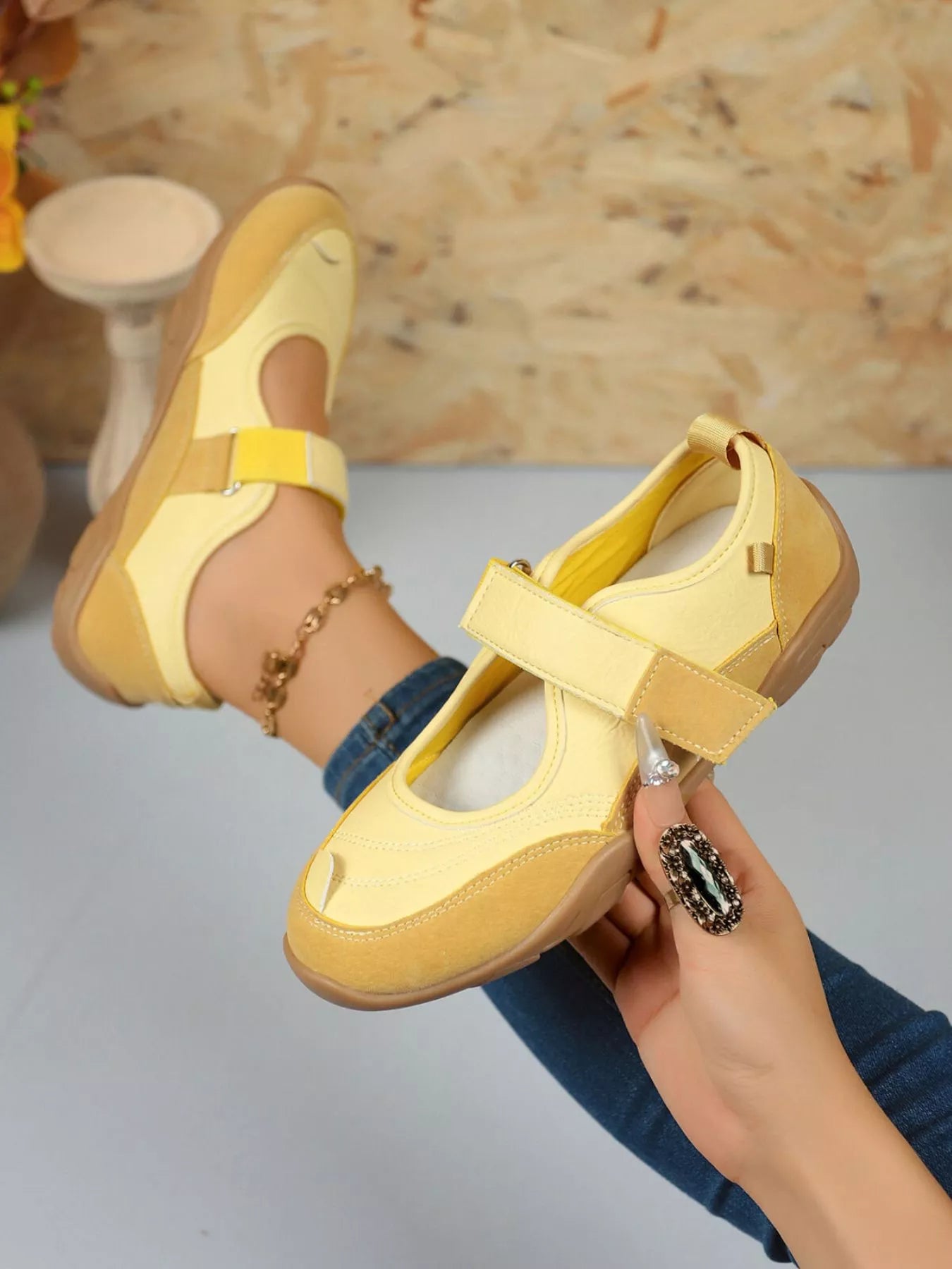 Round Toe Flats Velcro Strap Loafers - Yellow