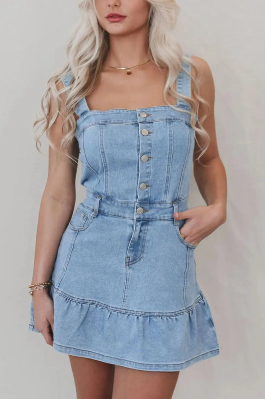 Hem Button Front Square Neck Denim Dress - Medium