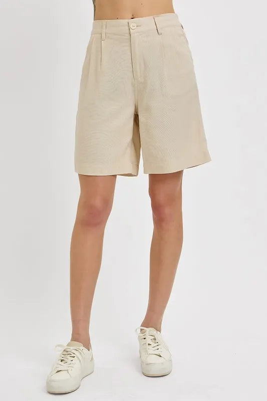 High Rise Pleated Front Shorts - Taupe