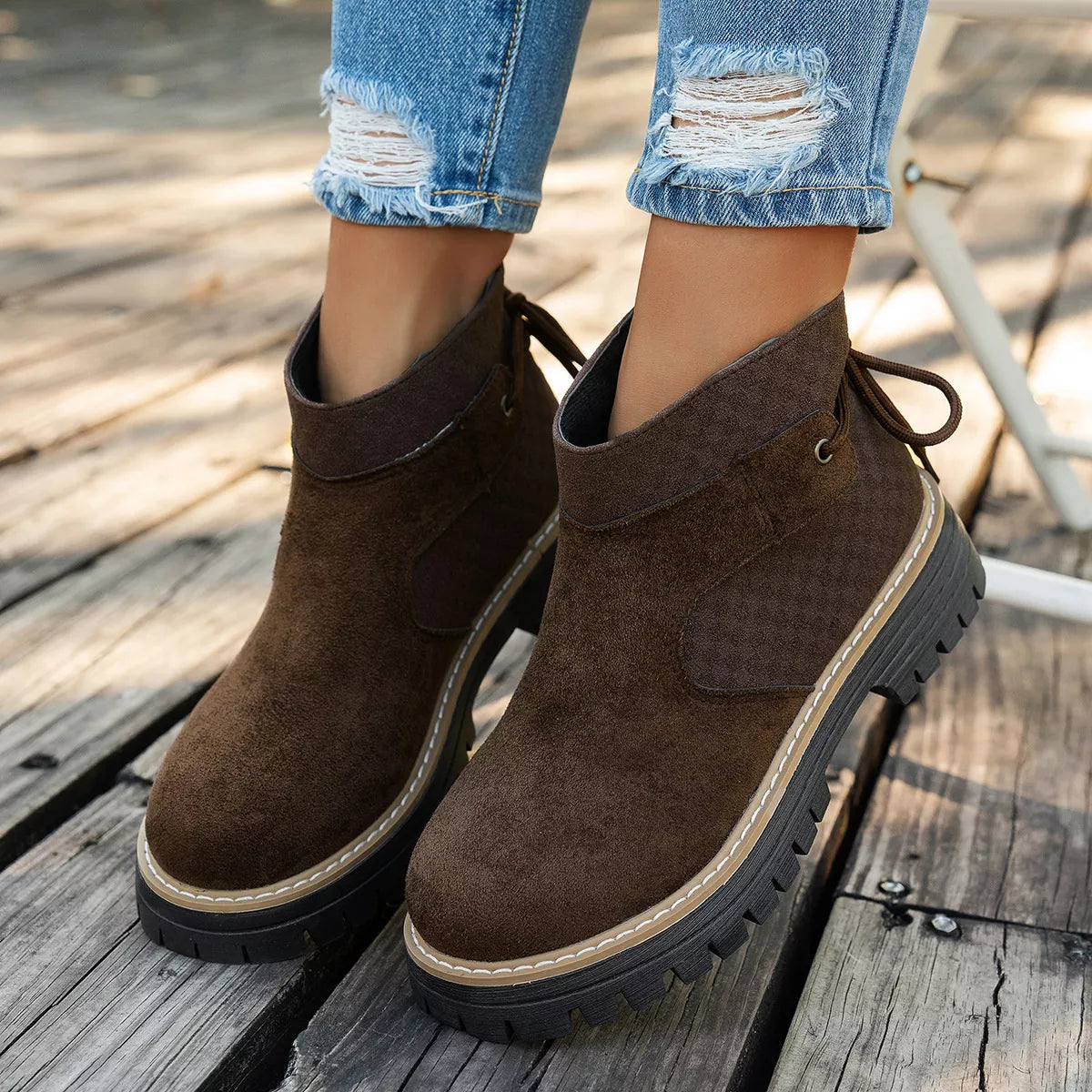 Block Heel Ankle Boots - Brown