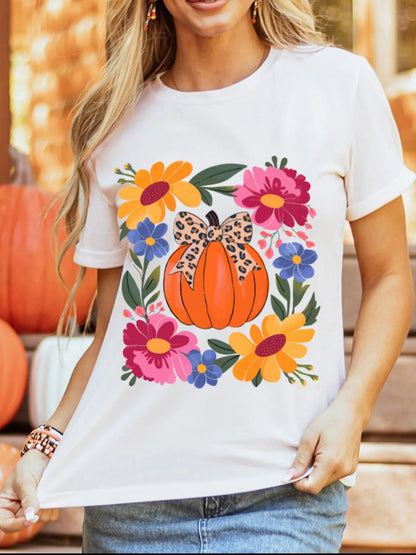 Pumpkin Floral Graphic Round Neck T-Shirt -
