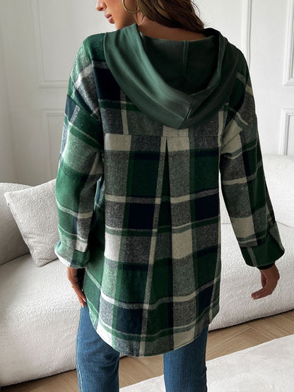 Drawstring Plaid Long Sleeve Hoodie