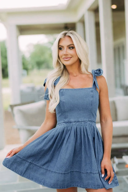 Square Neck Tie Shoulder Denim Dress -
