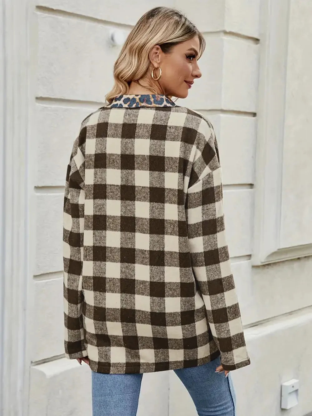 Leopard Trim Plaid Collared Neck Shirt - Coffee Brown