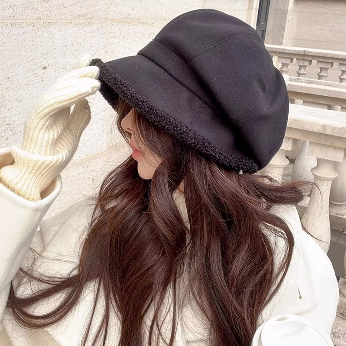 Plush Trim Baker Boy Hat - Black One Size