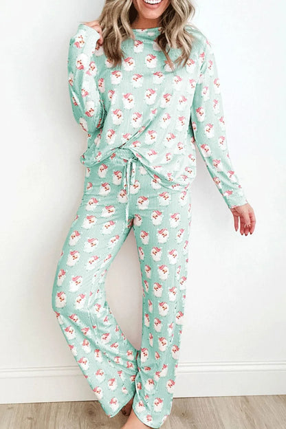 Santa Print Long Sleeve Top and Pants Lounge Set - Light Green