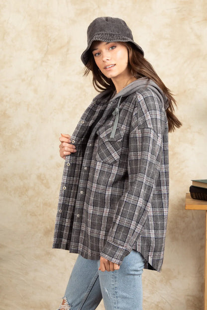 Drawstring Plaid Long Sleeve Hooded Jacket - Dark Gray