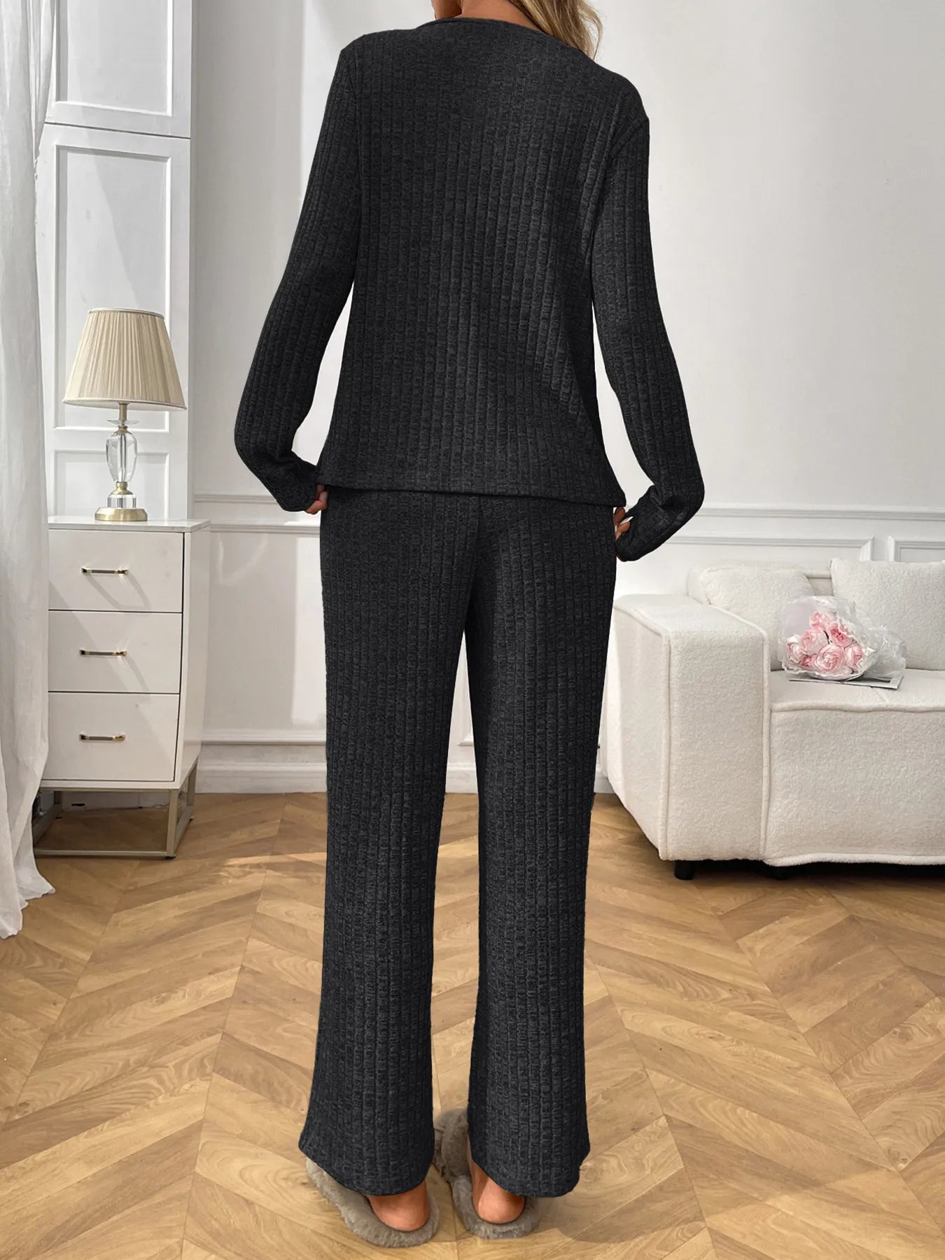 Ribbed Long Sleeve Top and Pants Lounge Set -