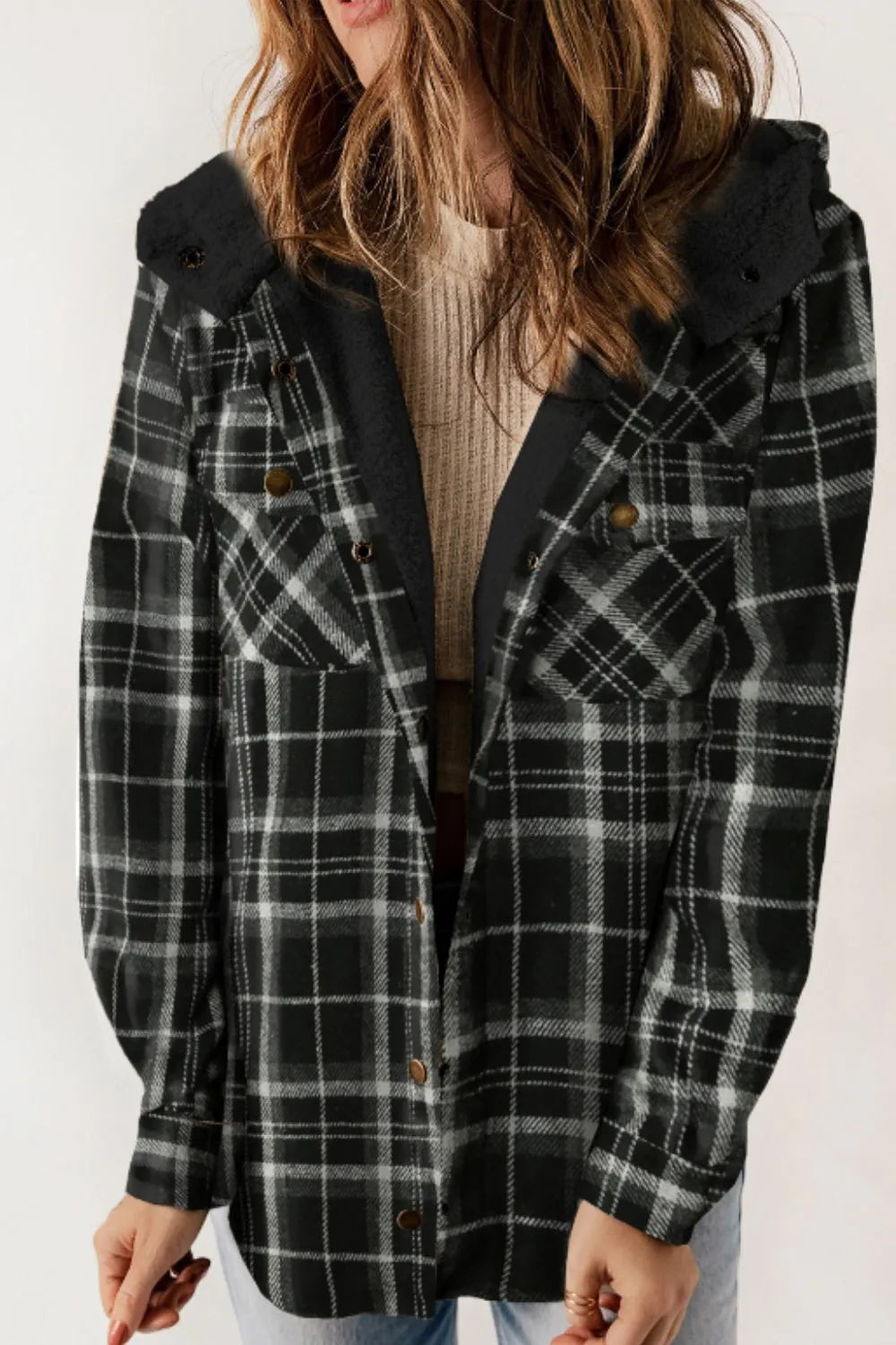 Plaid Button Up Long Sleeve Hooded Jacket - Black