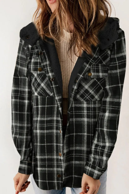 Plaid Button Up Long Sleeve Hooded Jacket - Black