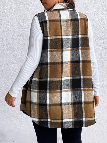 Plus Size Pocketed Plaid Button Up Vest Coat - Camel