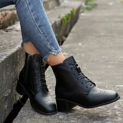 Lace-Up Ankle Boots with Zipper - Black
