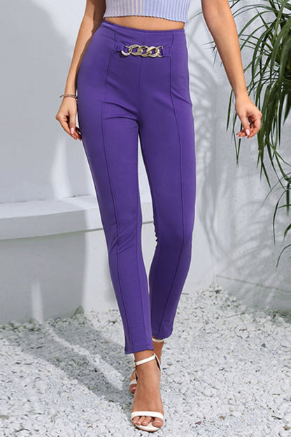 Chain Detail Slim Fit Cropped Pants - Electric Purple