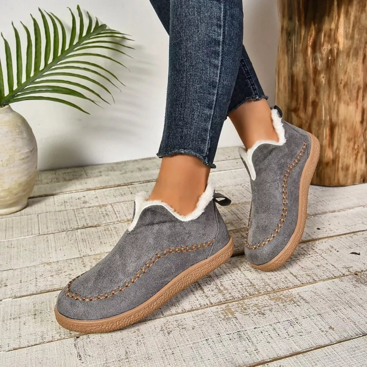 Round Toe Sherpa-Lined Slip-Ons - Dark Gray