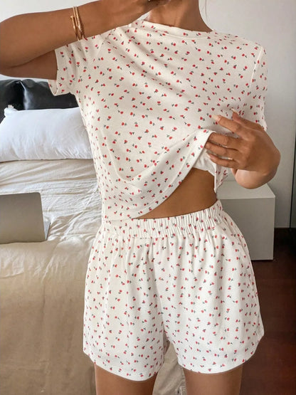 Floral Round Neck Top and Shorts Lounge Set - White
