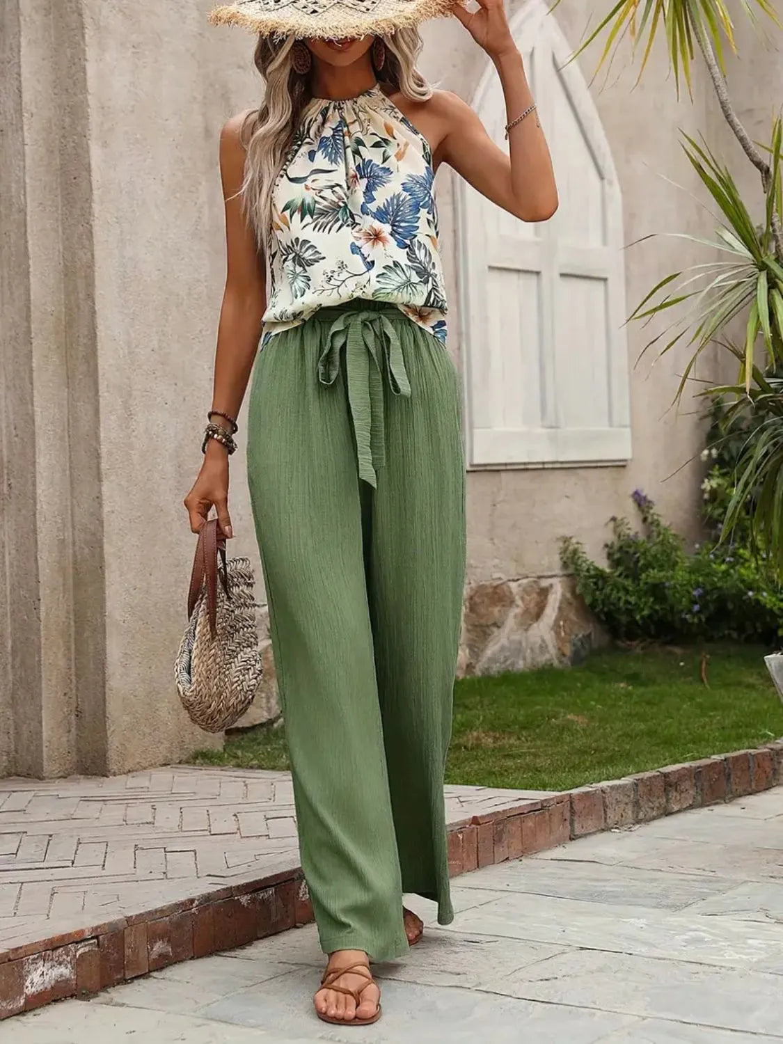 Printed Tank Top and Wide Leg Pants Set -