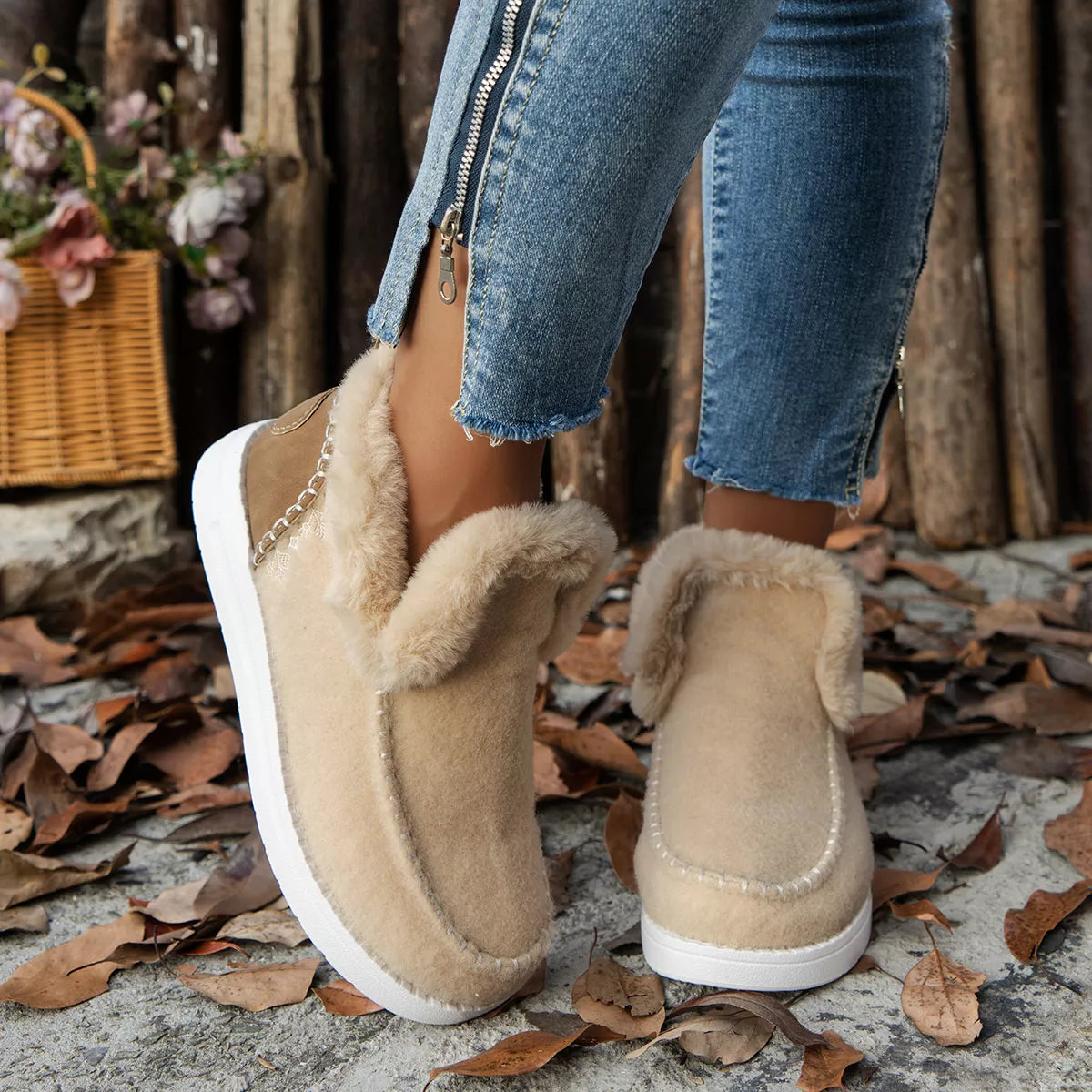 Cozy Fur-Trimmed Slip-Ons - Khaki