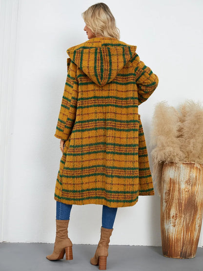 Plaid Long Sleeve Hooded Coat - Mustard