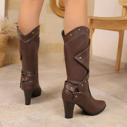 Point Toe Block Heels Boots -